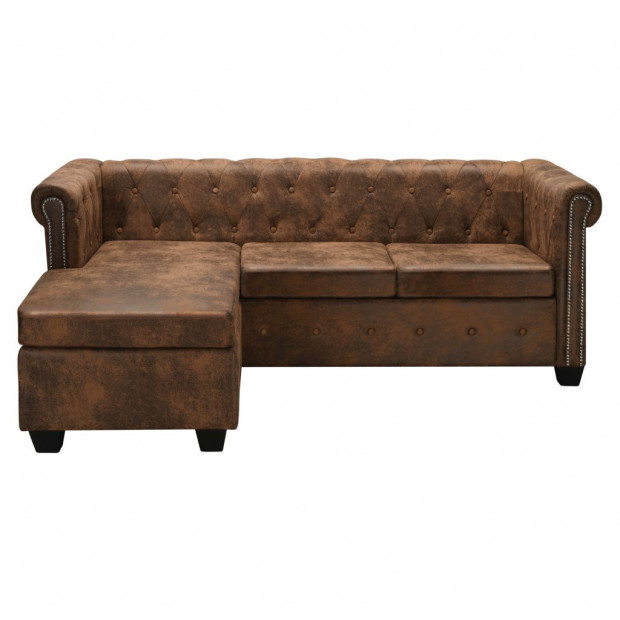 L-shaped Chesterfield Sofa Artificial Suede Leather Brown Image 2