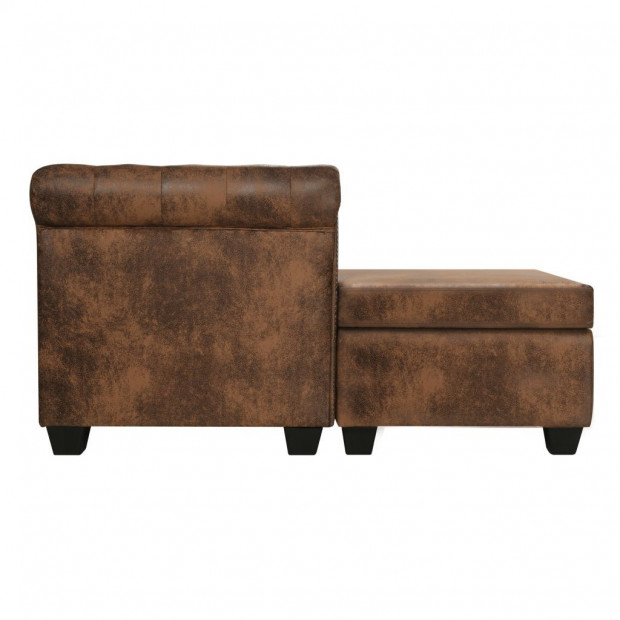 L-shaped Chesterfield Sofa Artificial Suede Leather Brown Image 3