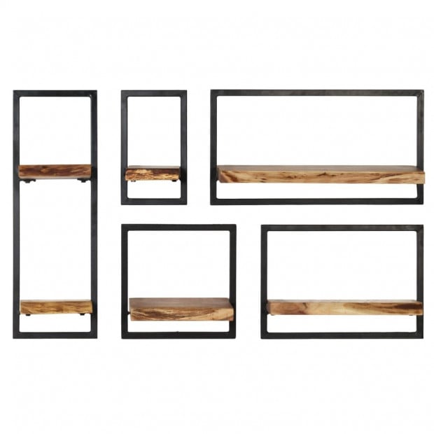 Wall Shelf Set 5 Pieces Solid Acacia Wood And Steel Image 2