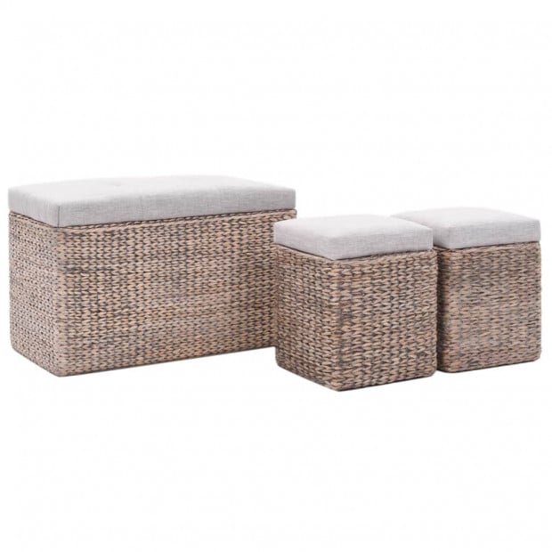 Bench With 2 Ottomans Seagrass Foot Stools Grey Image 2