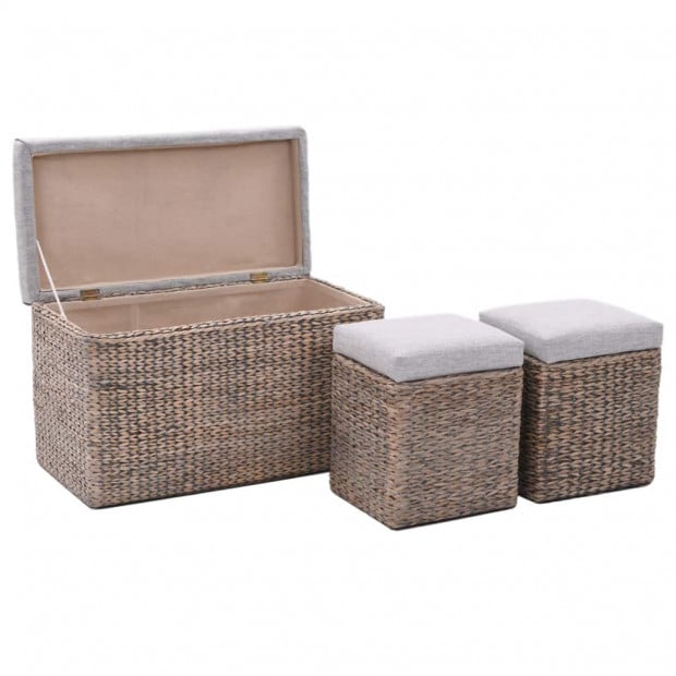 Bench With 2 Ottomans Seagrass Foot Stools Grey Image 3
