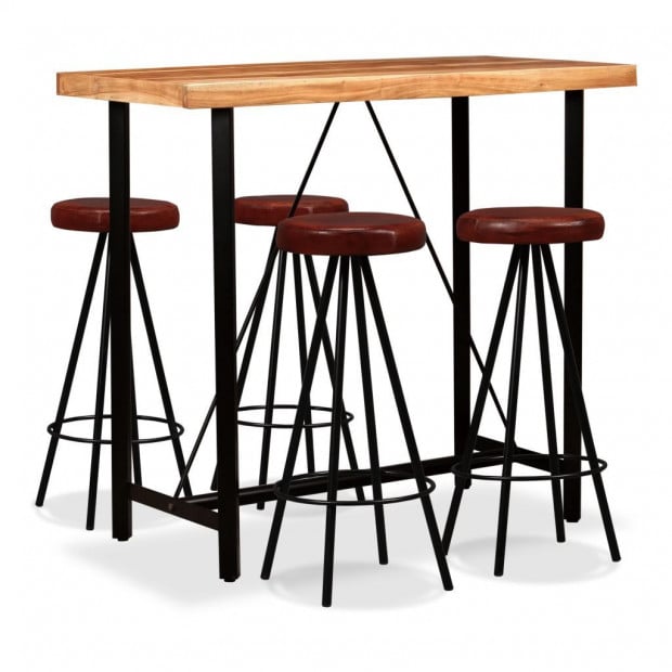 5 Piece Bar Set Solid Sheesham Wood And Genuine Leather