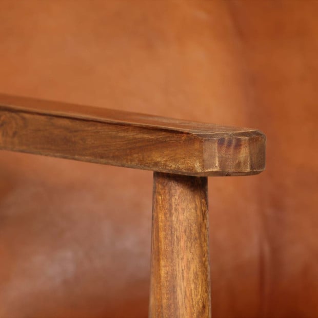 Armchair Brown Real Leather With Acacia Wood Image 2