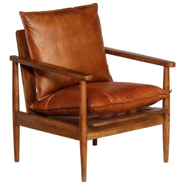 Armchair Brown Real Leather With Acacia Wood Image 11