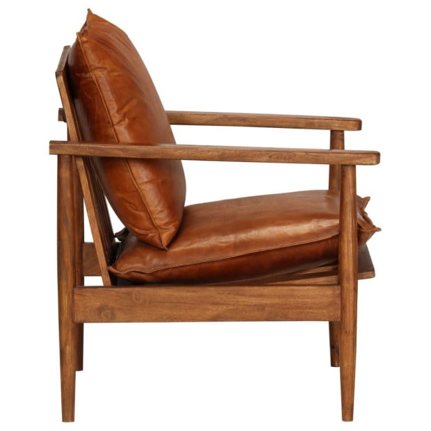 Armchair Brown Real Leather With Acacia Wood Image 3
