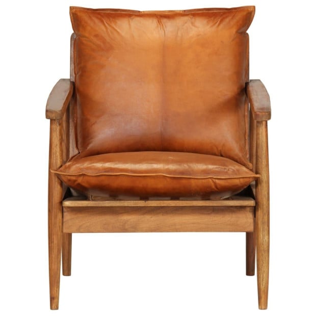 Armchair Brown Real Leather With Acacia Wood Image 4
