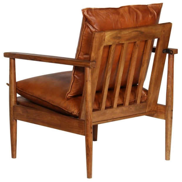 Armchair Brown Real Leather With Acacia Wood Image 6