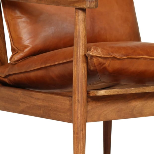 Armchair Brown Real Leather With Acacia Wood Image 8