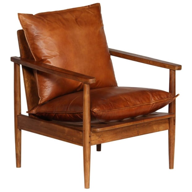 Armchair Brown Real Leather With Acacia Wood Image 9