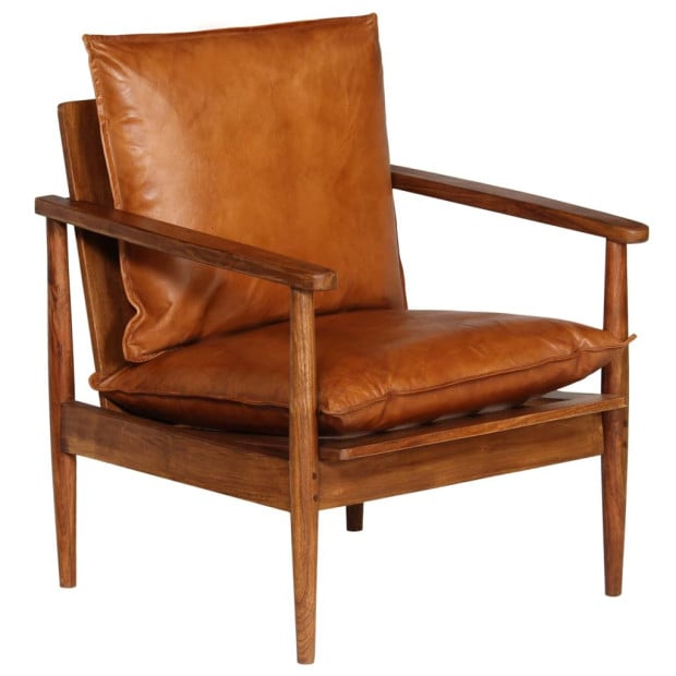 Armchair Brown Real Leather With Acacia Wood Image 10