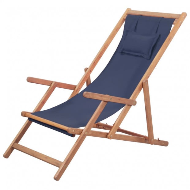 Folding Beach Chair Fabric And Wooden Frame Blue with Pillow