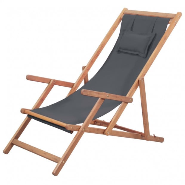 Folding Beach Chair Fabric And Wooden Frame Grey 112/119/127 cm