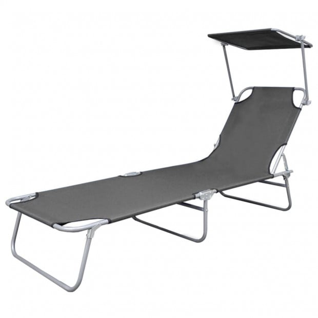 Folding Sun Lounger With Canopy Steel Grey Image 2