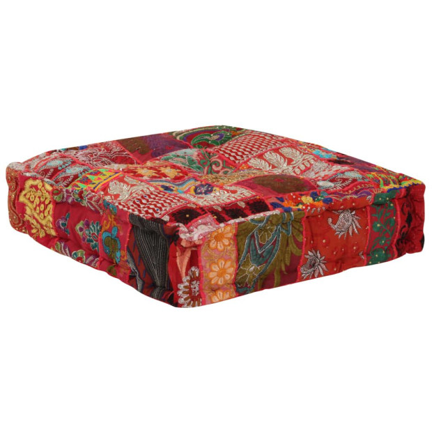 Patchwork Pouffe Square Cotton Handmade 50x50x12 Cm Red Image 3