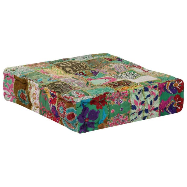Patchwork Pouffe Square Cotton Handmade 50x50x12 Cm Green Image 4