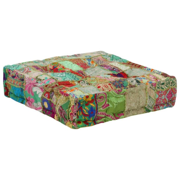 Patchwork Pouffe Square Cotton Handmade 50x50x12 Cm Green Image 5