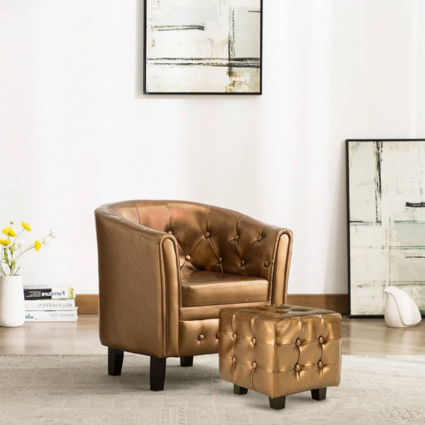 Tub Chair With Footstool Brown Faux Leather Image 2