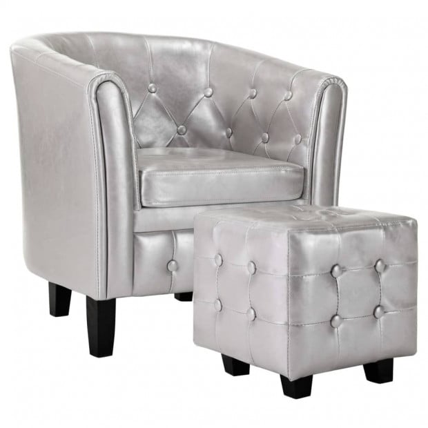 Tub Chair With Footstool Silver Faux Leather Image 2