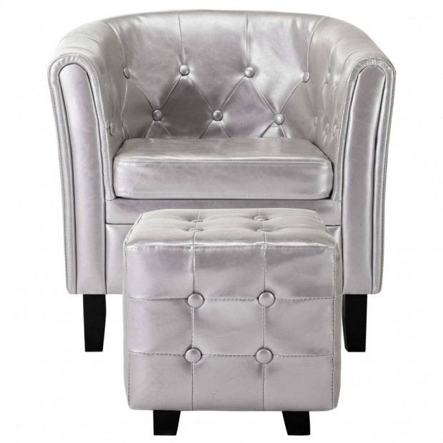 Tub Chair With Footstool Silver Faux Leather Image 4