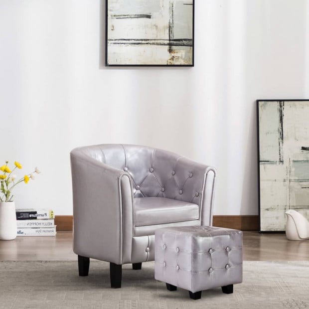 Tub Chair With Footstool Silver Faux Leather