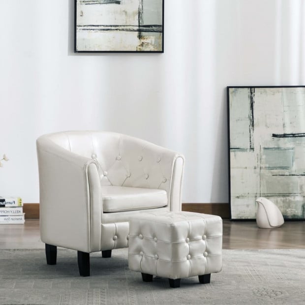 Tub Chair With Footstool White Faux Leather