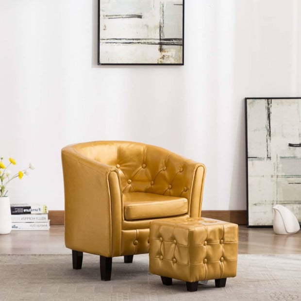 Tub Chair With Footstool Gold Faux Leather Image 2