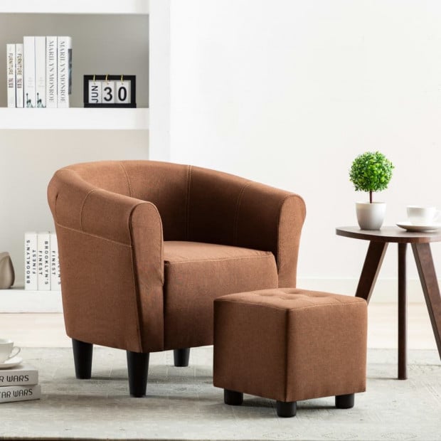 2 Piece Armchair And Stool Set Brown Fabric Image 2