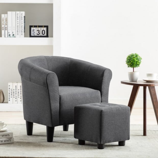 2 Piece Armchair And Stool Set Dark Grey Fabric Image 2