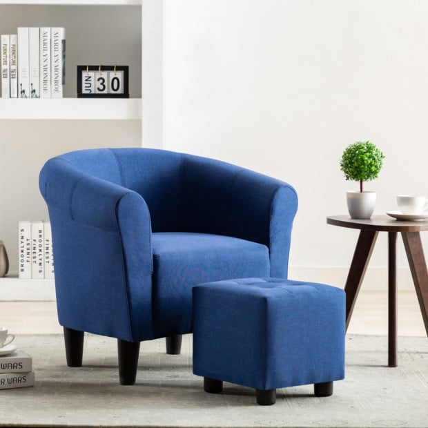2 Piece Armchair And Stool Set Blue Fabric Image 2