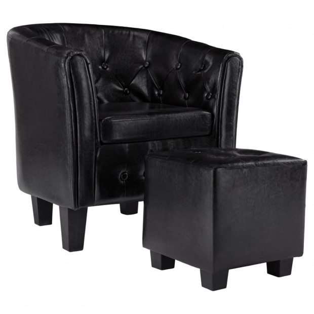 Tub Chair With Footstool Black Faux Leather