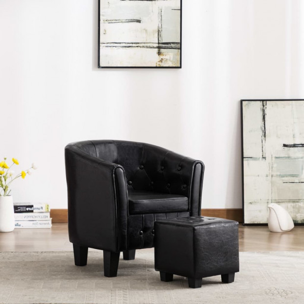 Tub Chair With Footstool Black Faux Leather Image 2