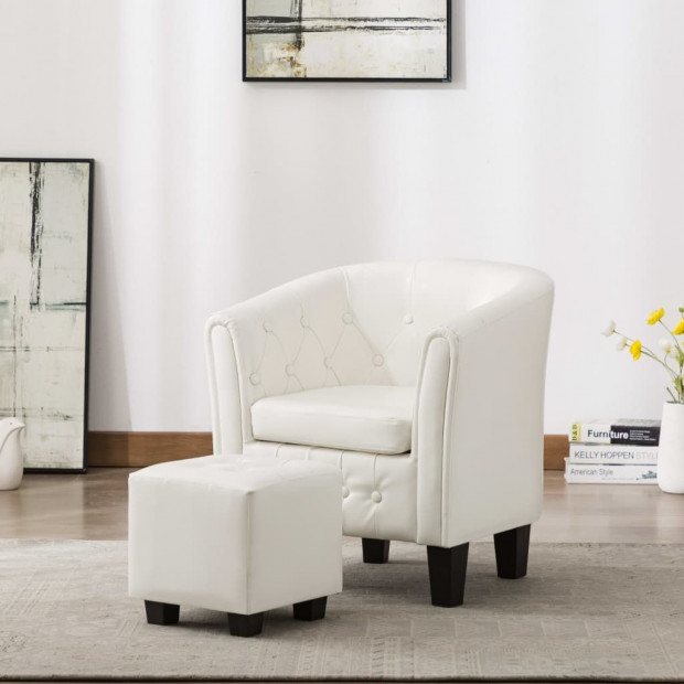 Tub Chair With Footstool Faux Leather White Image 2
