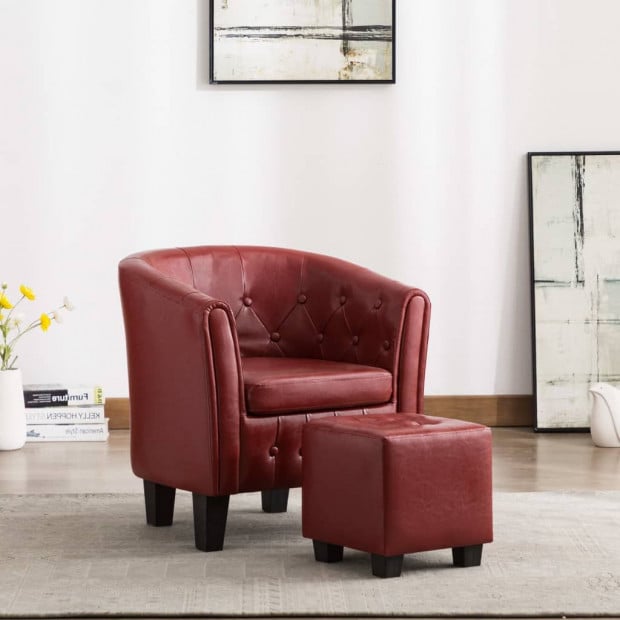 Tub Chair With Footstool Wine Red Faux Leather Image 2