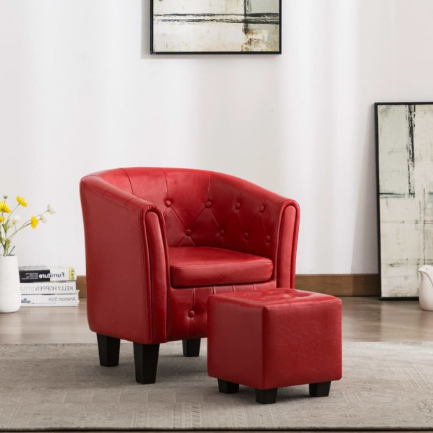 Tub Chair With Footstool Red Faux Leather Image 2