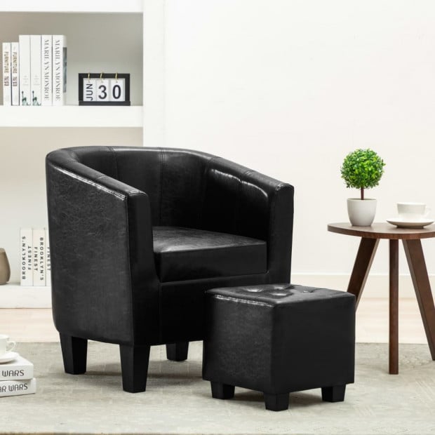 Sofa Chair With Footstool Black Faux Leather Image 2