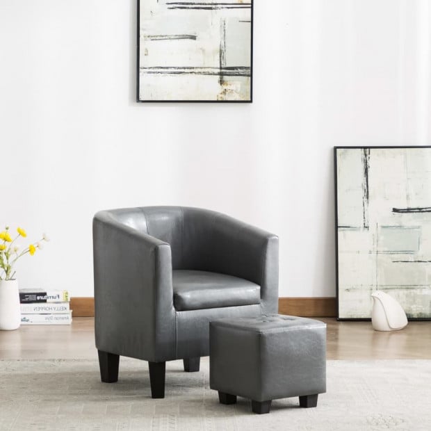 Sofa Chair With Footstool Grey Faux Leather Image 2