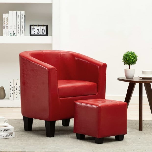 Tub Chair With Footstool Red Faux Leather Image 2