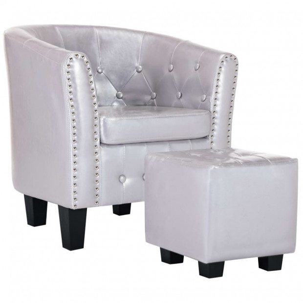Tub Chair With Footstool Shiny Sliver Faux Leather