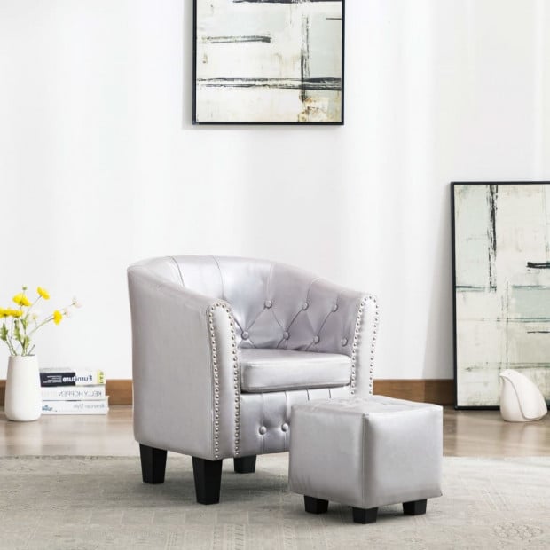 Tub Chair With Footstool Shiny Sliver Faux Leather Image 2