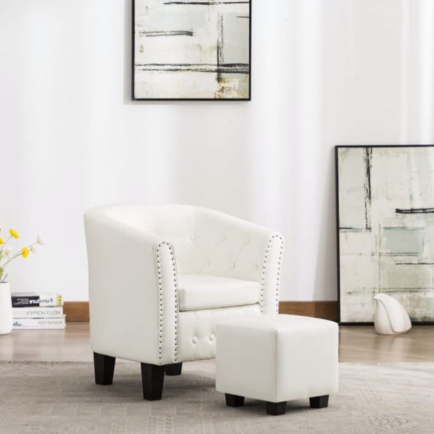 Faux Leather Tub Chair With Footstool White Image 2