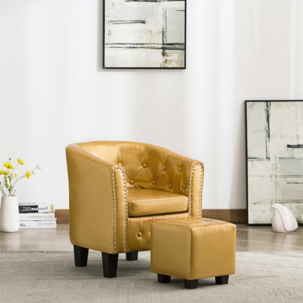 Tub Chair With Footstool Shiny Gold Faux Leather Image 2