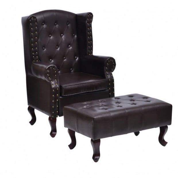 Armchair With Footstool Dark Brown Faux Leather Image 2