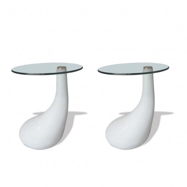 Coffee Table 2 Pcs With Round Glass Top High Gloss White Image 2