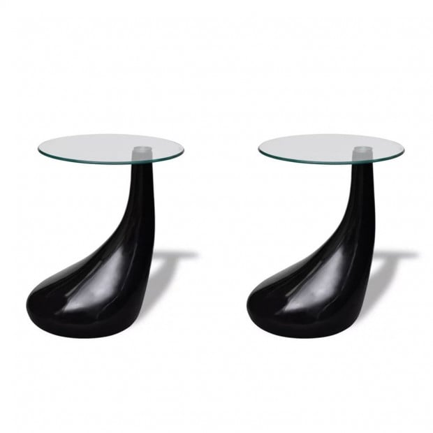 Coffee Table 2 Pcs With Round Glass Top High Gloss Black Image 2