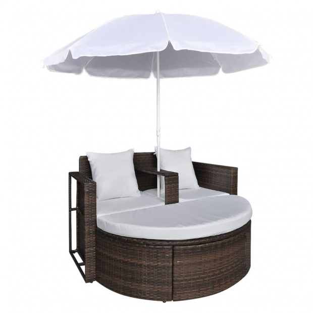 Garden Bed With Parasol Brown Poly Rattan Image 5