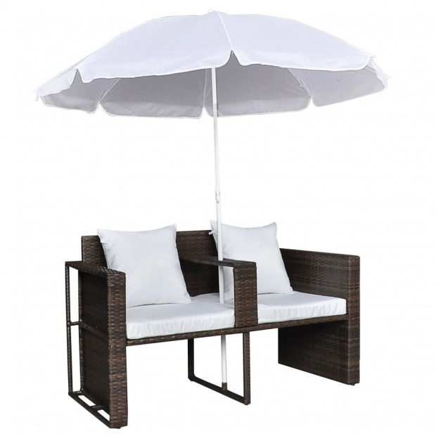 Garden Bed With Parasol Brown Poly Rattan Image 7