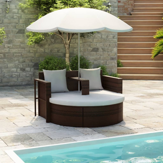 Garden Bed With Parasol Brown Poly Rattan Image 2