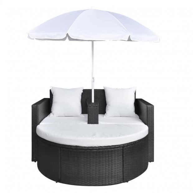 Garden Bed With Parasol Black Poly Rattan Image 4