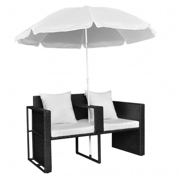 Garden Bed With Parasol Black Poly Rattan Image 6