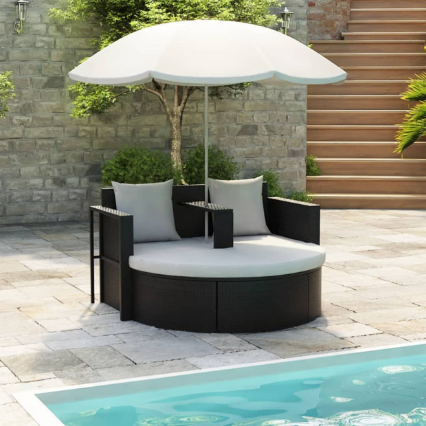 Garden Bed With Parasol Black Poly Rattan Image 2